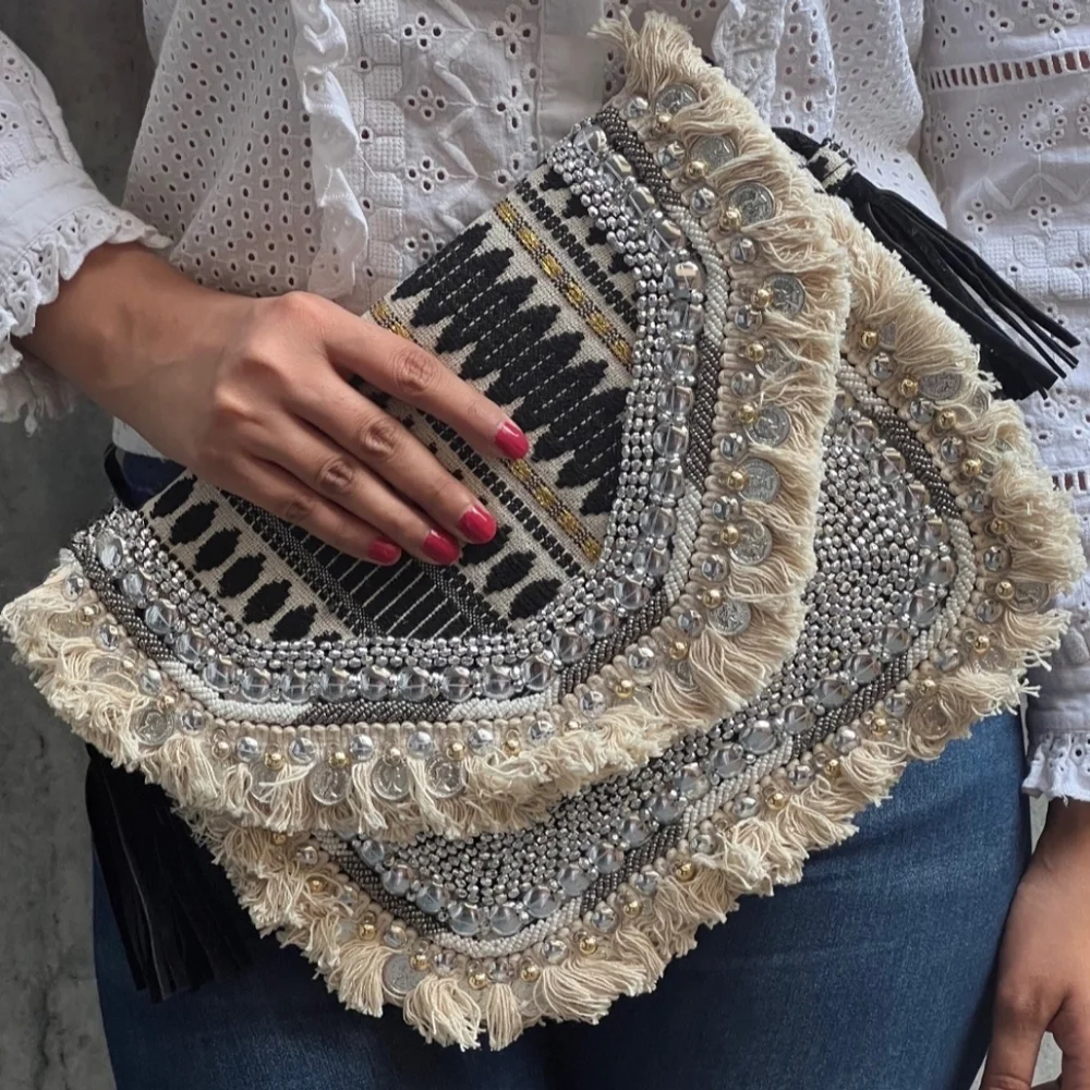 NewHandmade Banjara Jute Bag - Silver accents -Sling Style - Crossbody